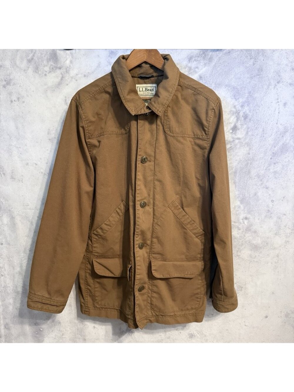LL Bean Brown Canvas Field Chore Coat Plaid Lined Jacket Men’s Large 504679